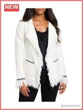 Open Front Fringe Knit Blazer Jacket Woven Front Notch Collar